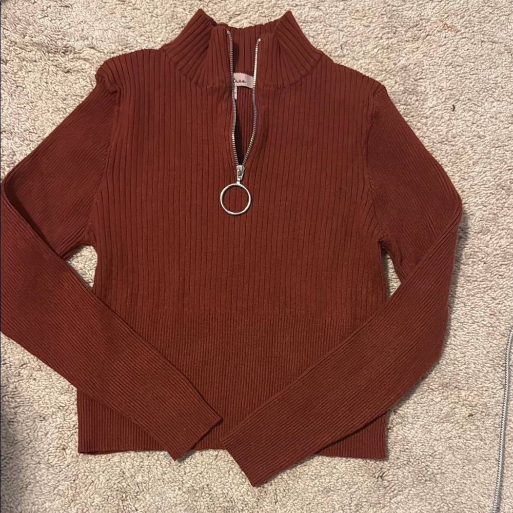 Rust Half-Zip Ribbed Sweater